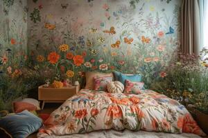 AI generated A garden-themed kids' bedroom with walls adorned with colorful floral murals photo