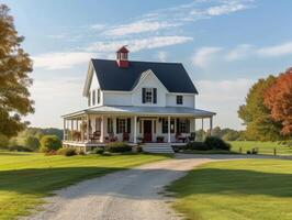 AI generated A classic farmhouse nestled in the heart of a sprawling countryside photo