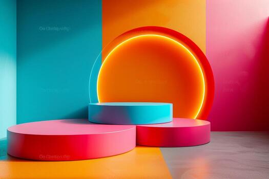 AI generated A minimalist podium with a playful pop-up color theme photo