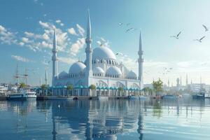 un hermosa azul Oceano con un blanco mezquita edificio en el antecedentes foto