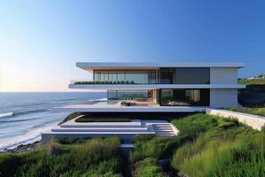 AI generated A modern minimalist house perched on a cliff overlooking the ocean photo