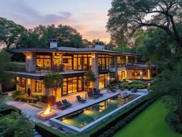 AI generated A contemporary mansion aglow with warm light photo