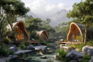AI generated An eco-conscious eco-tourism lodge situated in a pristine natural environment photo