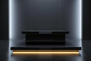 AI generated A sleek podium characterized by its dark, glossy finish photo