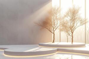 AI generated A sleek podium adorned with minimalist trees photo