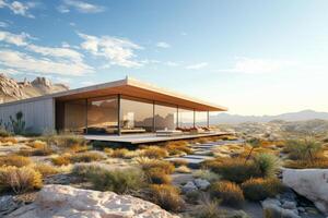 AI generated A modern house set against the backdrop of a vast desert landscape photo