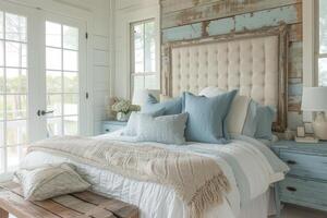 AI generated A coastal-inspired bedroom retreat, complete with soft photo