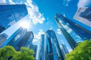 AI generated A city skyline set against the canvas of a pristine blue sky, where sunlight dances off the glass facades of towering skyscrapers photo