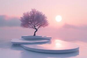 AI generated A serene podium with a minimalist tree standing tall amidst a sea of tranquility photo