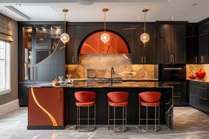 AI generated Art Deco kitchen with streamlined silhouettes, exotic materials photo