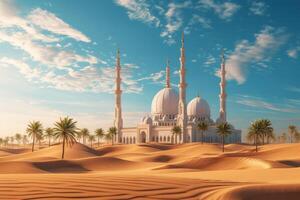 A desert landscape with a large white mosque building in the background photo