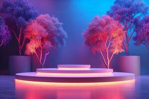 AI generated A minimalist podium adorned with neon trees photo