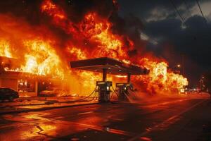 AI generated A gas station becomes engulfed in flames photo