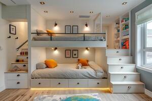ai generado un minimalista niños' dormitorio con multifuncional mueble foto