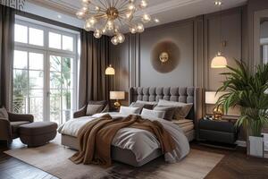 AI generated Art Deco bedroom with a focal point chandelier or pendant light fixture photo