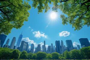 ai generado un ciudad horizonte en contra un fondo de radiante azul cielo, dónde luz de sol ilumina el arquitectónico maravillas ese definir el urbano paisaje foto