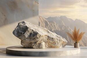 ai generado un minimalista podio inspirado por naturaleza, presentando escabroso rock texturas foto