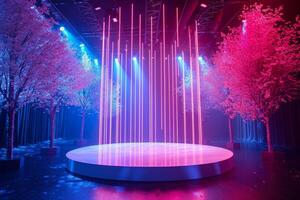 AI generated A podium adorned with neon trees that sway gently in an ethereal breeze photo