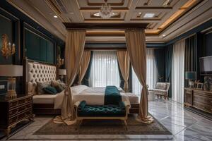 AI generated A luxury bedroom design, featuring marble flooring, coffered ceilings photo