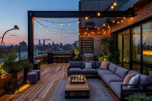 AI generated An industrial-style rooftop terrace that epitomizes urban sophistication photo