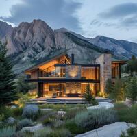 AI generated A modern house nestled in the shadow of towering mountains photo