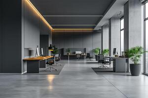 AI generated A minimalist-style office interior, complete with minimalist desks, modular storage units photo