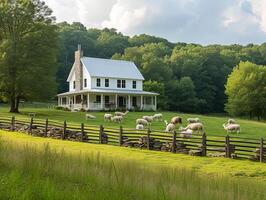 AI generated A farmhouse nestled within acres of rolling hills and lush pastures photo