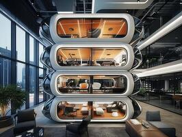 AI generated A futuristic office tower featuring modular pod workspaces photo