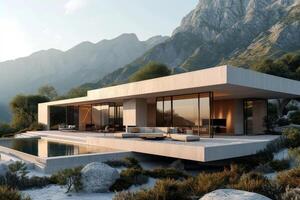 AI generated A modern minimalist house situated high in the mountains photo