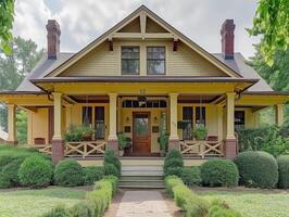 AI generated A vintage bungalow nestled within a historic district, with tree-lined streets photo