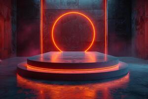 AI generated A minimalist podium adorned with neon lighting photo