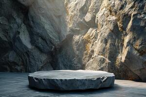 AI generated A minimalist podium adorned with rugged rock textures photo