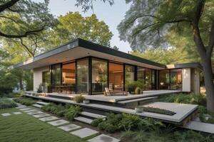 AI generated A modern minimalist house overlooking a lush neighborhood park photo