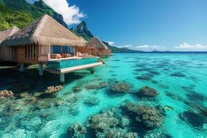 AI generated An overwater bungalow perched above crystal-clear lagoons photo