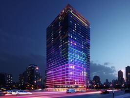 AI generated A contemporary office tower illuminated against the night sky, with LED lighting photo