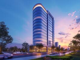 AI generated An office tower serving as a global business center, with premium office suites photo