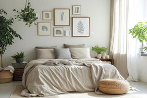 AI generated A minimalist bedroom with a gallery wall featuring curated collections photo