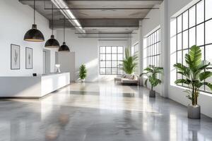 AI generated A minimalist modern office workspace with a polished concrete floor photo
