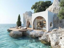 AI generated A Mediterranean house, with cypress trees reaching towards the sky, rocky cliffs, and a private cove with crystal-clear waters photo