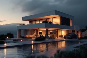 AI generated A modern house and its amenities against a serene soft black background photo