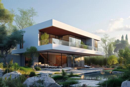 AI generated A modern white house against a clear panoramic backdrop photo