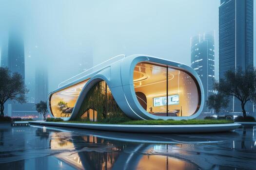 AI generated A modern house located in a futuristic urban environment photo