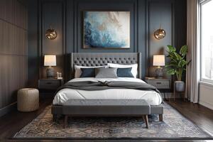 AI generated A boutique hotel bedroom with chic and modern furnishings photo