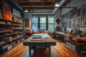AI generated A creative coworking studio with dedicated maker spaces, art supplies photo