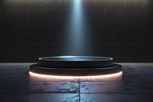 AI generated A minimalist podium adorned with a dark, glossy sheen photo