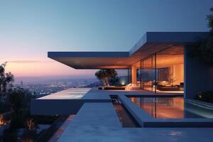 AI generated A modern minimalist house illuminated by the twinkling lights of the city below photo
