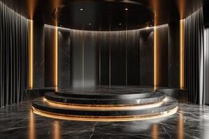 AI generated A sleek podium featuring a dark glossy texture photo