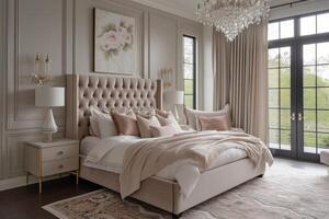 AI generated A luxury bedroom with elegant marble accents, custom millwork photo