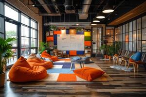 AI generated A dynamic scene of a startup office, complete with flexible workspaces photo