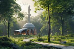 A peaceful forest setting with a mosque in the background photo